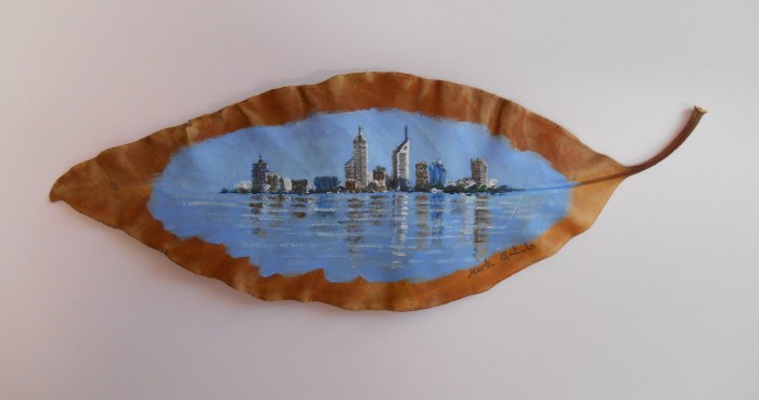 Perth skyline on a tree leaf